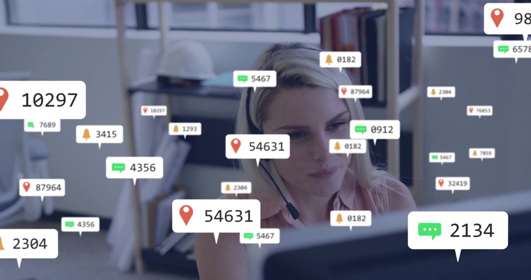 Customer Service Agent Monitoring Live Notifications with Location Pins, Chat Alerts, Headset