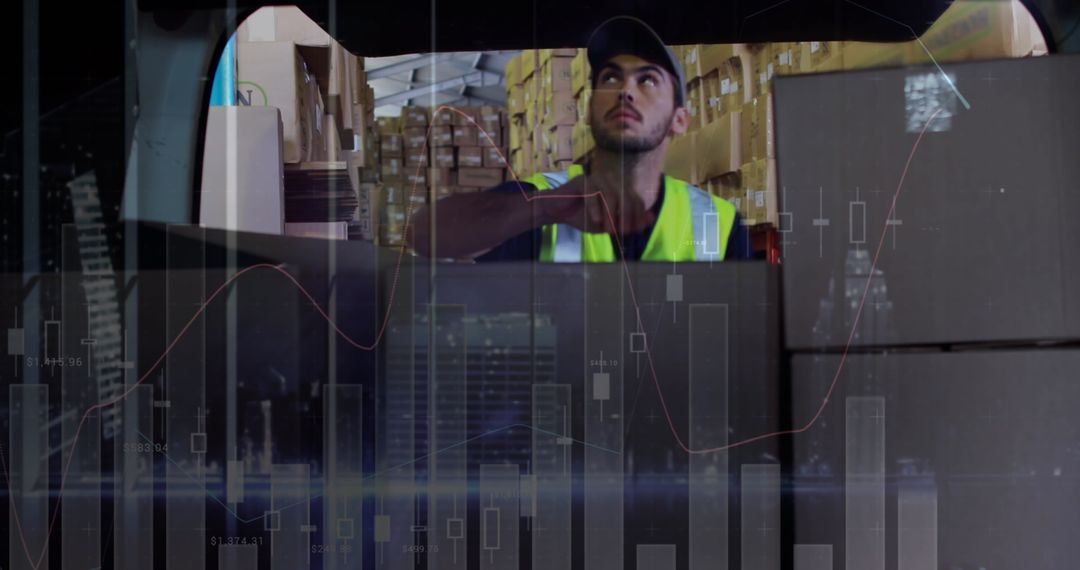 Warehouse Worker Packing Boxes with Digital Data Overlay