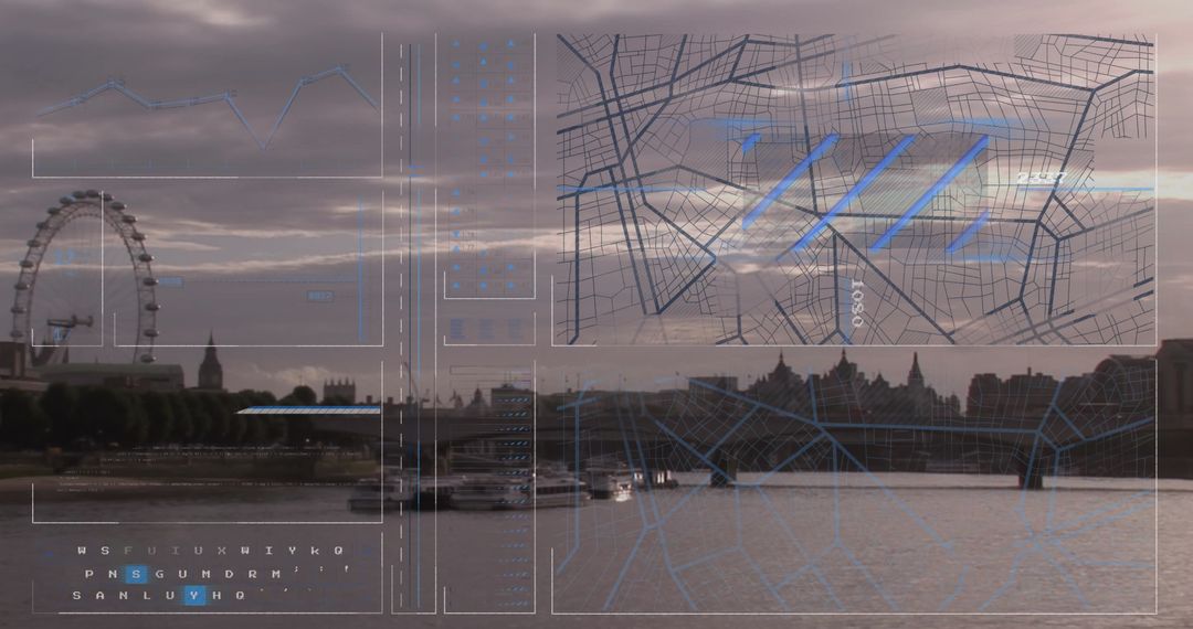 Futuristic Digital Interface Over London Cityscape Illustrating Data Processing