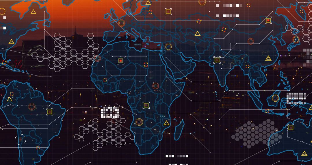 Futuristic World Map with Digital Data Overlay Against Urban Skyline