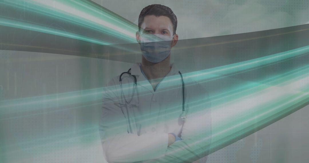 Caucasian Doctor with Mask in Digital Interface Environment