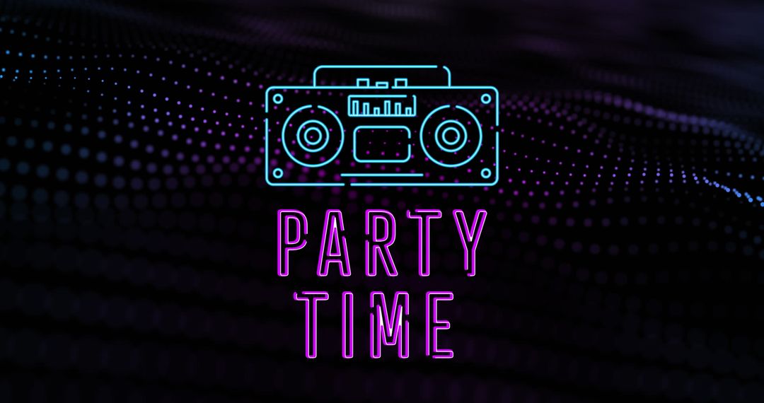 Retro Party Time Neon Text with Boombox on Digital Dots Background