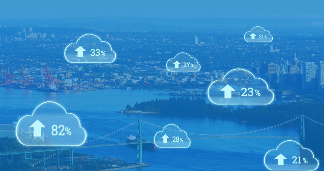 Cityscape and Digital Cloud Overlays Illustrating Upload Progress