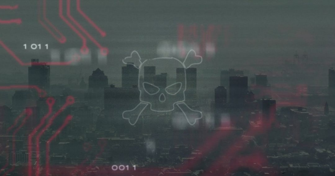 Skull and Crossbones Over Cityscape with Digital Elements