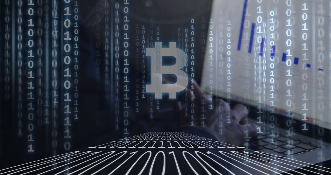 Young Professional Analyzing Data with Bitcoin Symbol Overlay