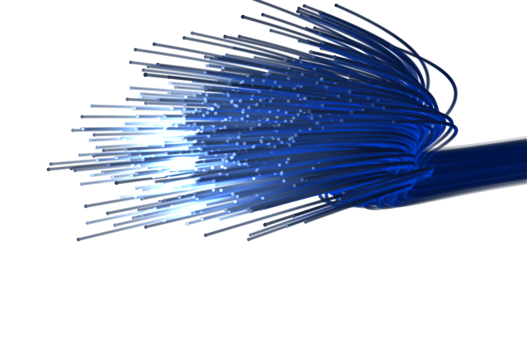 Blue Fiber Optic Cables Transmitting Light Signals on Transparent Background