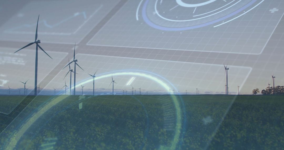 Futuristic Wind Farm with Digital Data Overlay on Field