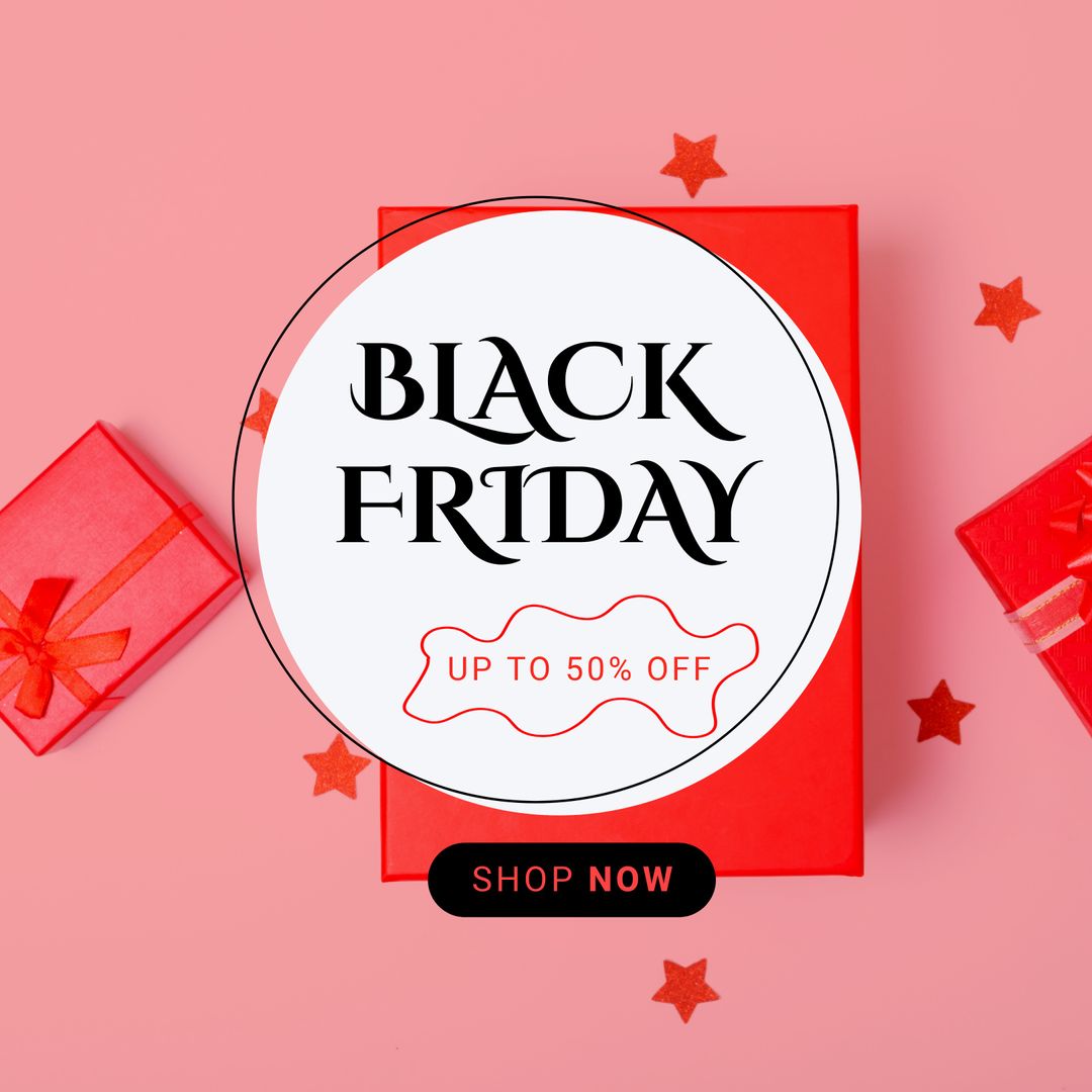 Black Friday Discount Promotion with Gift Boxes on Pink Background
