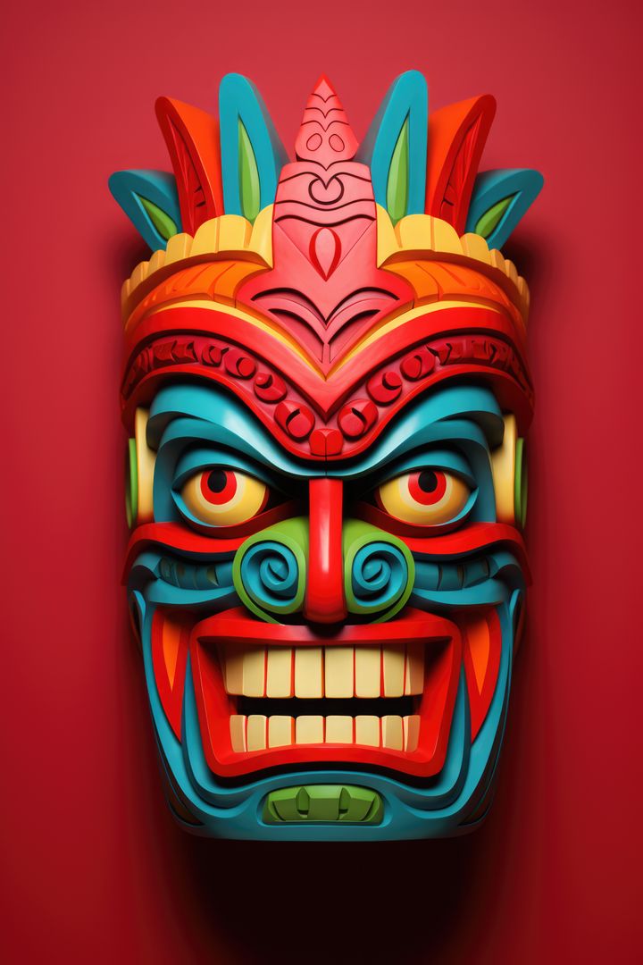 Colourful tiki mask on red background, created using generative ai technology - Free Images, Stock Photos and Pictures on Pikwizard.com