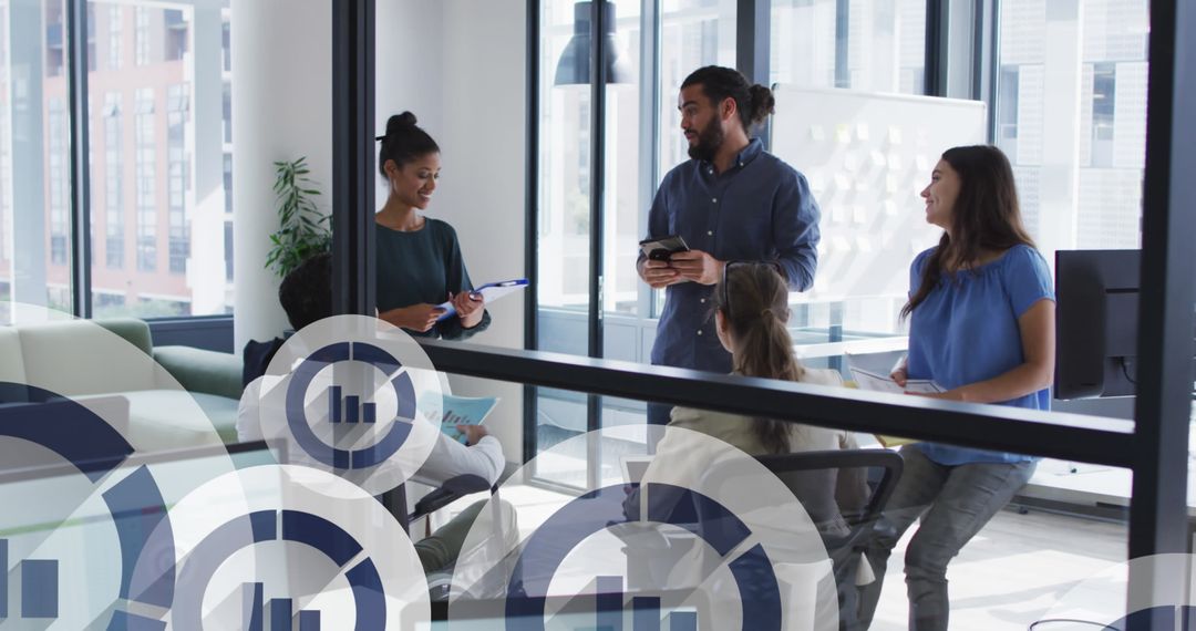 Diverse Team Collaborating with Digital Icons in Modern Office