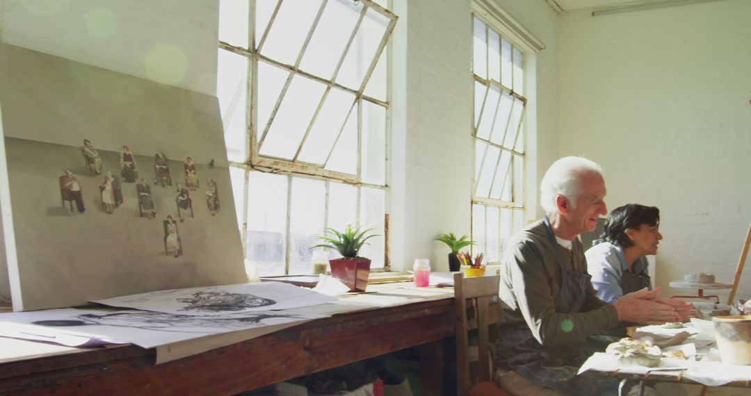 Two Artists Working in Sunlit Studio with Art Supplies - Free Images, Stock Photos and Pictures on Pikwizard.com