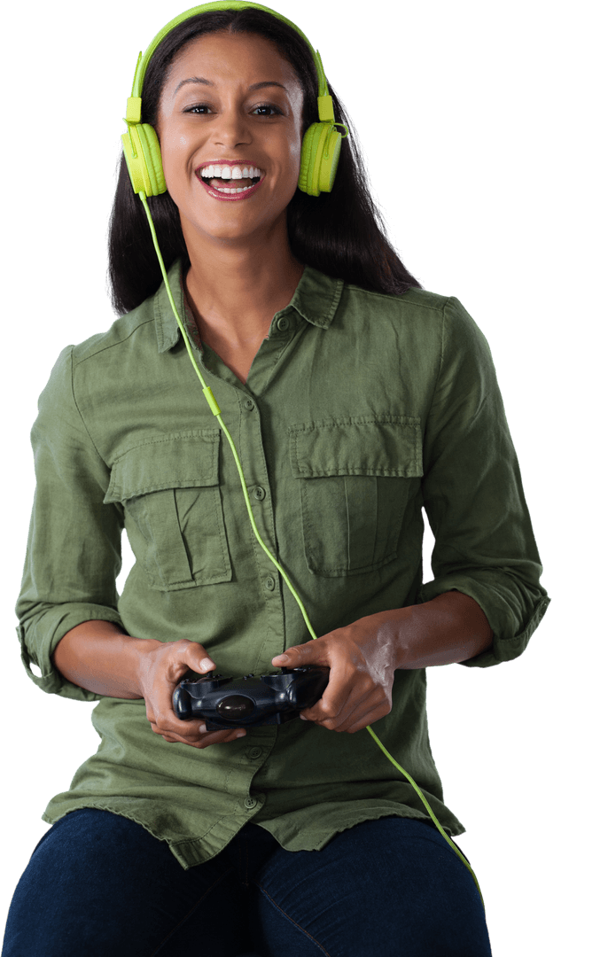 Smiling Woman Gamers Enthralled in Game with Green Headphones, Isolated Transparent