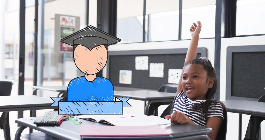 Child Enthusiastically Participating in Class with Graduation Symbol