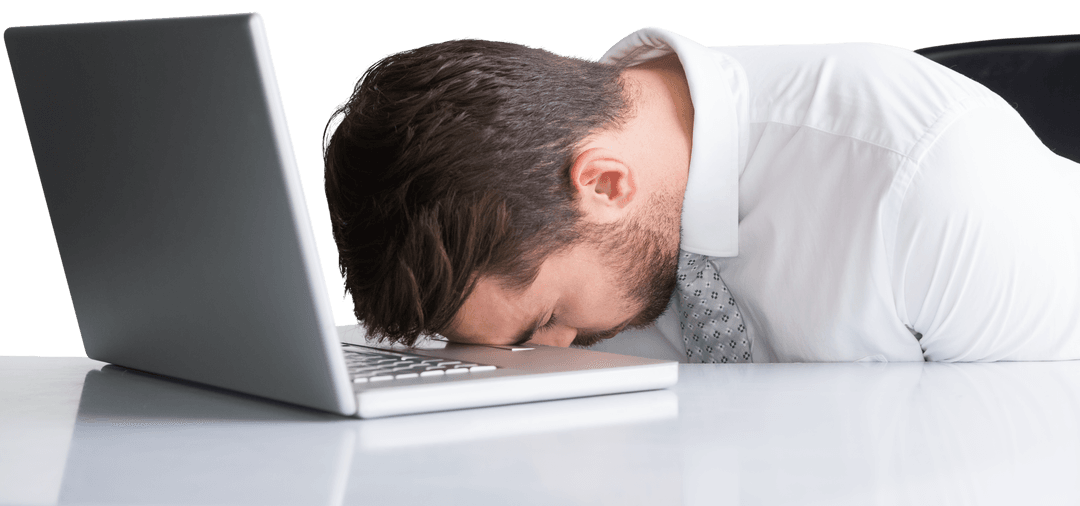 Exhausted Businessman Transparent Background Head on Laptop