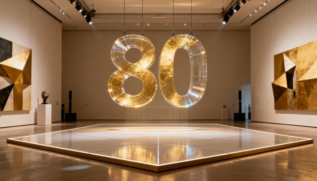 Hanging golden numerals 80 glowing over illuminated platform in contemporary museum gallery