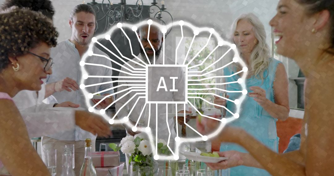 AI neural overlay on group dinner showing smart tech and human collaboration at table