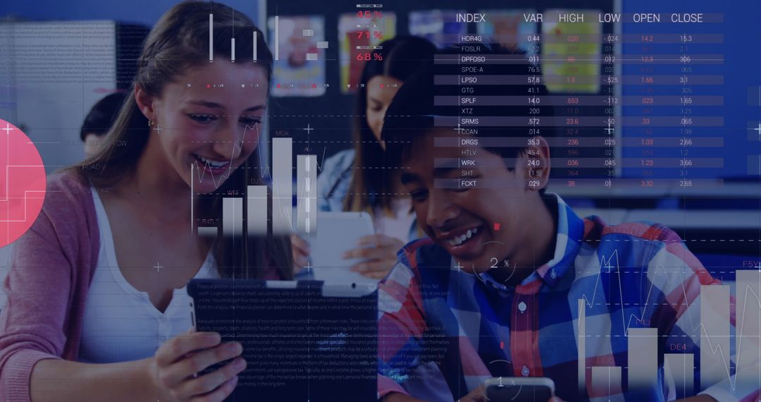 Students Collaborating with Digital Tablets and Interactive Data