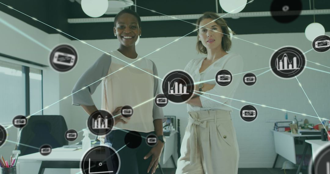 Diverse Team with Digital Technology Overlay in Modern Office