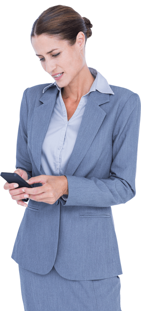 Transparent Businesswoman Using Mobile Phone Appearing Irritated