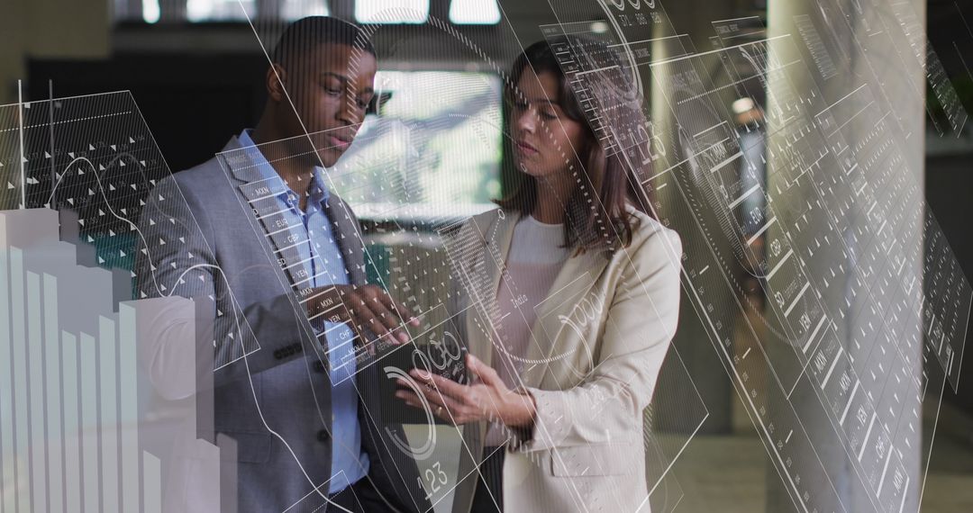 Diverse Businesspeople Analyzing Virtual Financial Data in Office