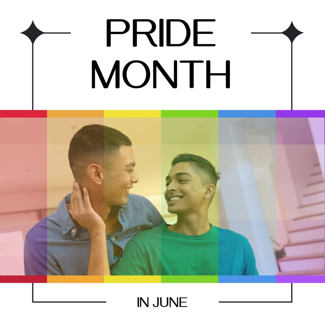 Celebrating Pride Month with Diverse LGBTQ+ Couple Smiling Indoors