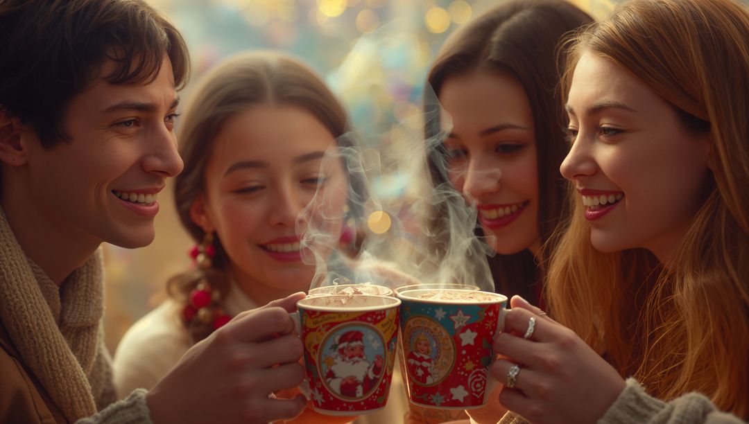 Joyful Friends Toasting with Holiday Mugs at Festive Gathering