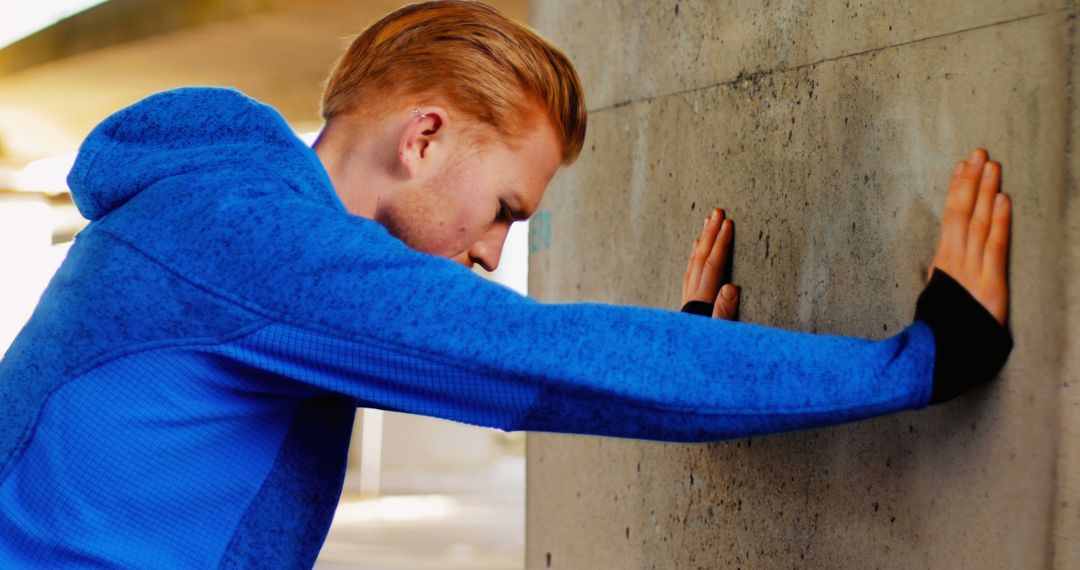 Young Athlete in Blue Jacket Stretching Against Concrete Wall - Free Images, Stock Photos and Pictures on Pikwizard.com