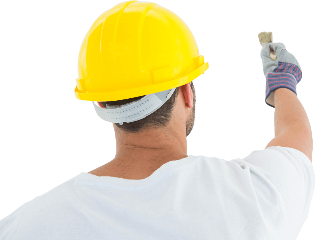 Worker in Hard Hat Painting Wall with Brush on Transparent Background