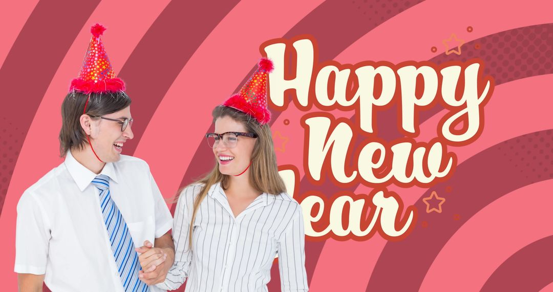 Smiling Nerdy Couple Celebrating New Year with Festive Hats