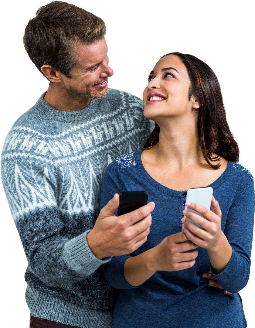 Transparent Smiling Couple Using Mobile Phones Hugging Affectionately - Download Free Stock Images Pikwizard.com