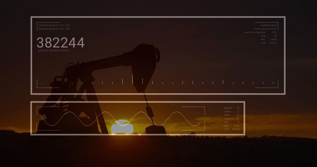Silhouette of Oil Pump Jack with Analytics Overlay at Sunset