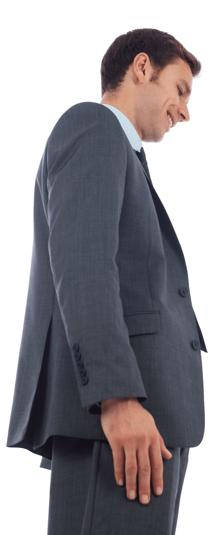 Transparent Cheerful Businessman Tilting Head Downward