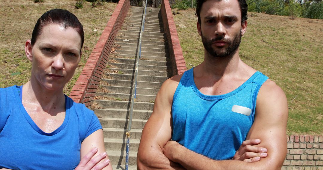 Determined Fitness Enthusiasts Posing by Outdoor Staircase - Free Images, Stock Photos and Pictures on Pikwizard.com