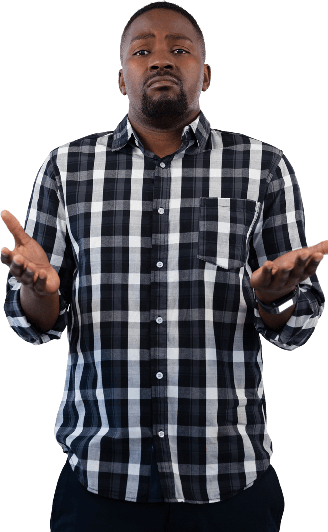 Transparent Image of a Confused Man in Plaid Shirt Shrugging