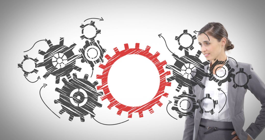 Business Woman Engaging with Conceptual Gears and Technology