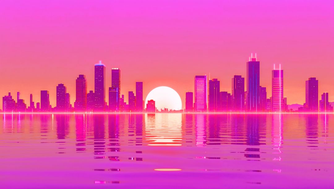 Retro-Futuristic Neon Skyline Reflecting Across Waterfront
