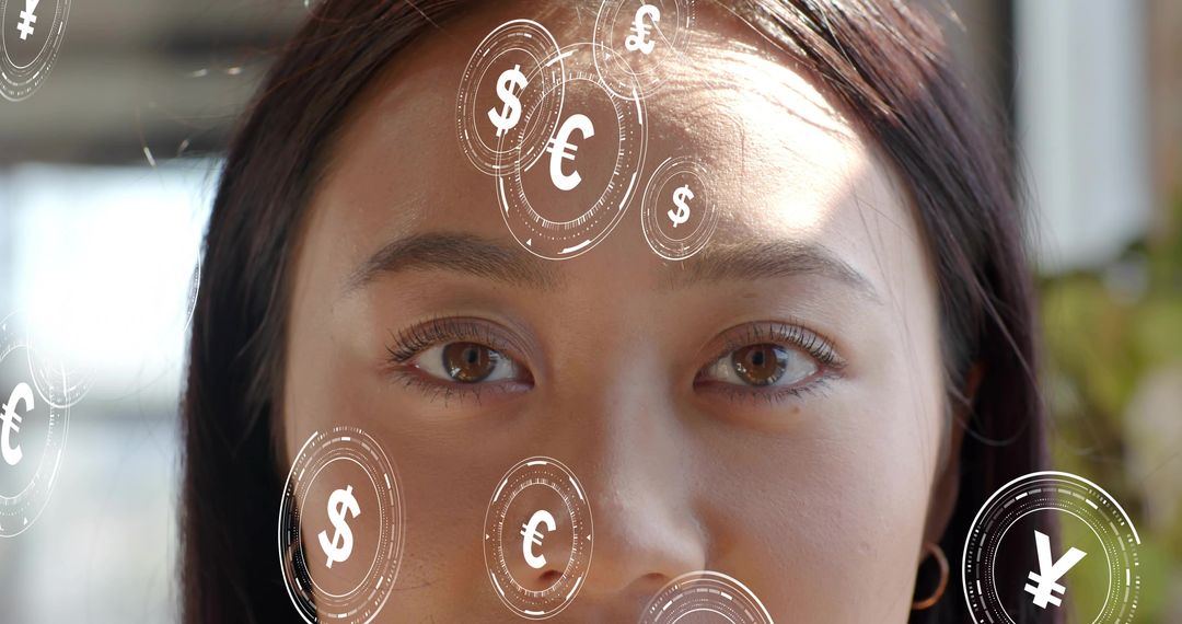 Female professional gazing with floating currency holograms symbolizing global digital finance innov