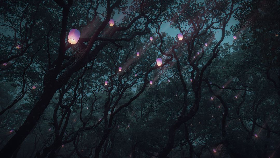 Glowing Lanterns Creating Enchantment in Mystical Misty Forest