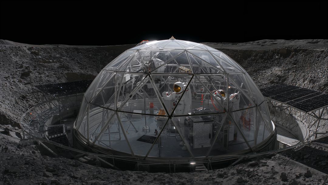 Astronauts testing lunar habitat panels inside geodesic dome at crater rim under black sky