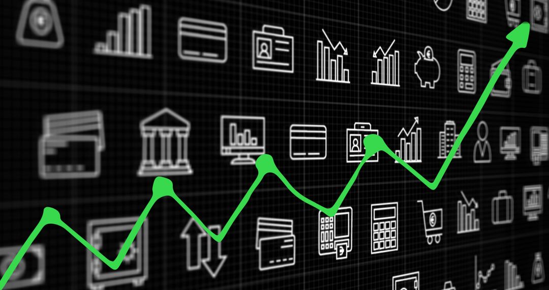 Rising Graph with Business Finance Icons on Black Background