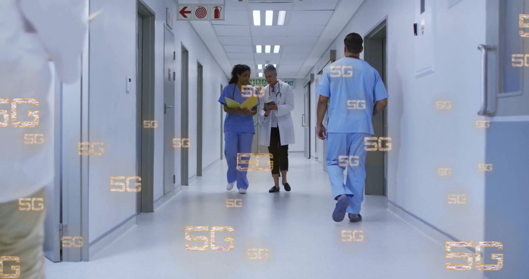Medical Team Walking in Hospital Corridor with Digital 5G Symbols