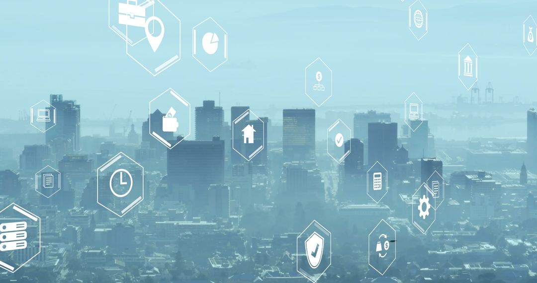 Smart City Digital Interface Over Blue Cityscape