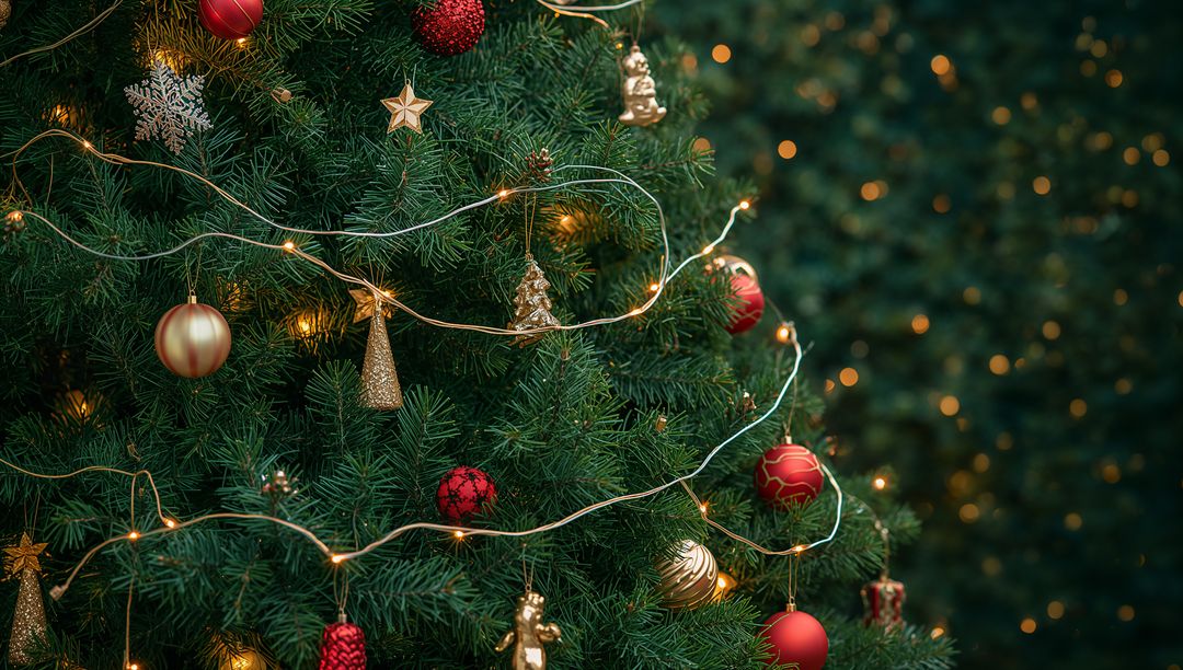 Glowing Christmas Tree with Red and Gold Decorations