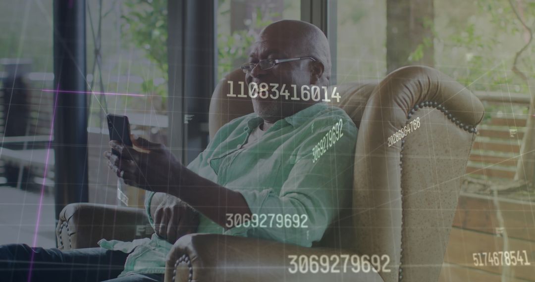 Elderly Man Relaxing With Smartphone and Digital Data Overlay