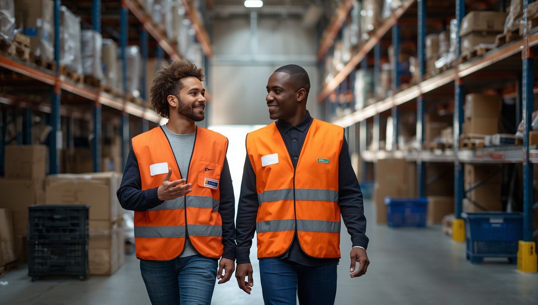 Warehouse Staff Inspecting Inventory in Factory with Safety Vests