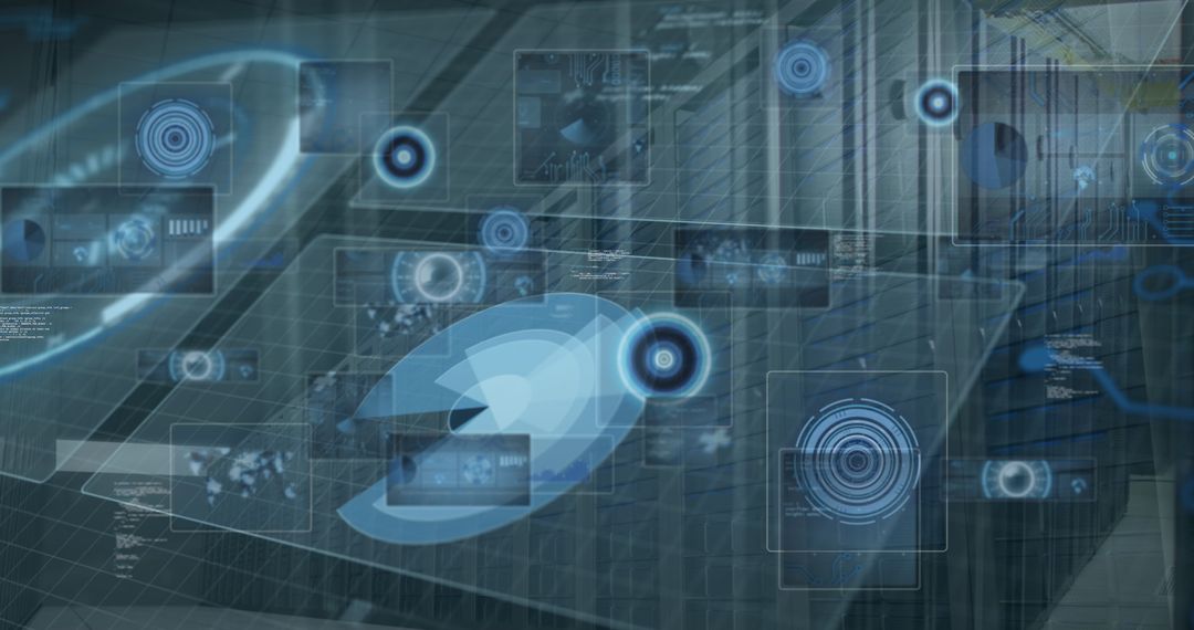 Futuristic Data Processing with Digital Interfaces in Server Room