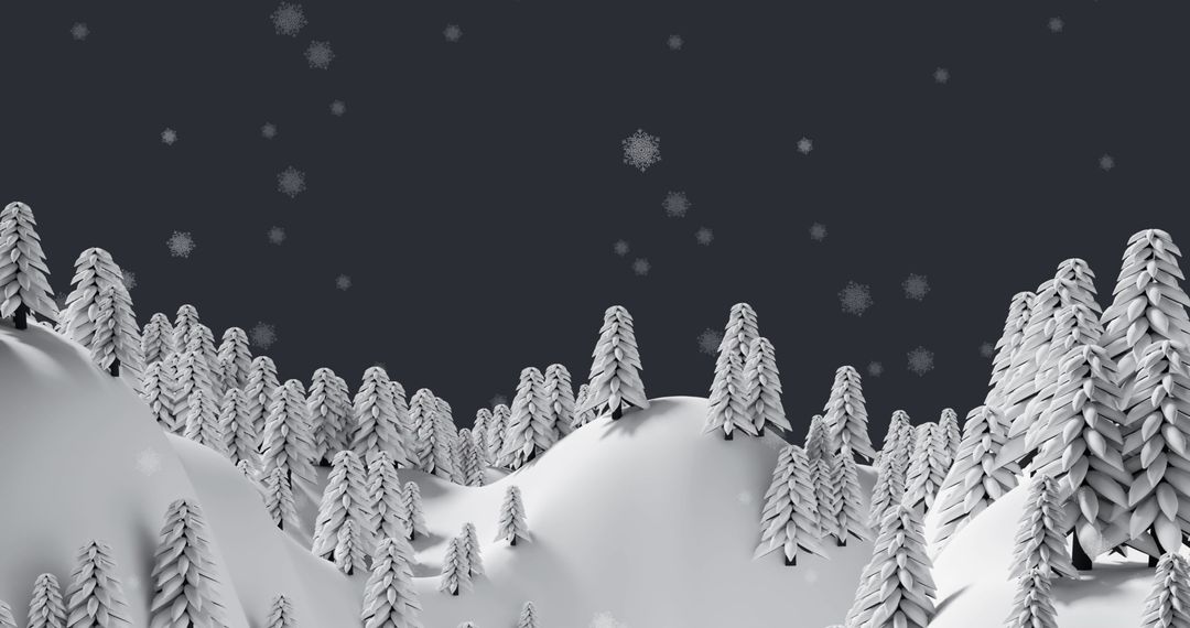 Snowflakes Falling Over Winter Forest with Snow-Covered Pine Trees