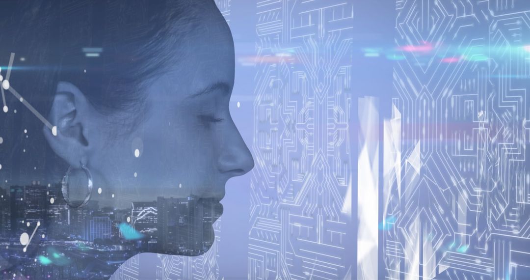Woman in Profile with Digital Circuit Board Overlay