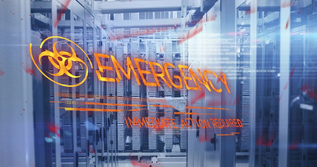 Data Center Emergency Displaying Biohazard Alert Overlay