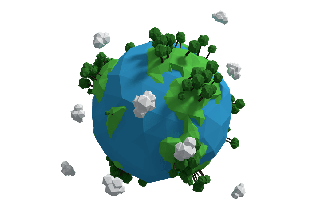 Low Poly Earth with Trees and Clouds in Glossy Transparent Style
